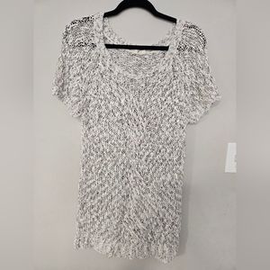 Anthropologie Marled White and Black Open-Knit Short Sleeve Sweater